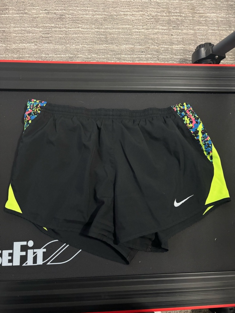 Nike Women's Black Running Shorts with Neon Yellow Panels and Multicolor Trim